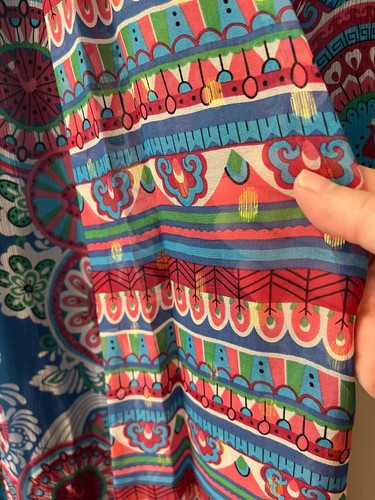Monsoon ladies silk maxi dress size 12 blue mix art deco peacocks chiffon long - Picture 5 of 9