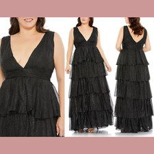 NWT $498 Mac Duggal [ 16W ] Ruffle Tiered Sleeveless V Neck Gown Black Silve J90