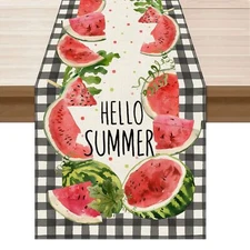 Hello Summer Black and White Buffalo Plaid Watermelons Table Runner Decoratio...