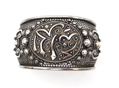 Vintage Sterling Silver WIDE Cuff Bracelet Large Middle Eastern? Asian? - Picture 2 of 12