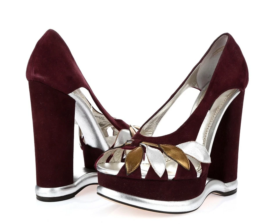 DOLCE & GABBANA pétalas metálicas de ameixa camurça biqueira aberta cunhas recortadas tamanho. 38,5 - Imagem 2 de 4