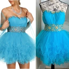Aspeed Strapless Tulle Jeweled Mini Cocktail Dress Aqua Blue Sz S