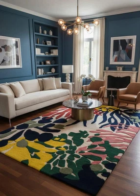 Tapis en laine fleurie touffeté à la main : design abstrait moderne - Photo 1/4