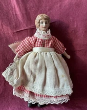 German-Made Antique Porcelain Bisque Head Cloth Doll, Blonde, 5”