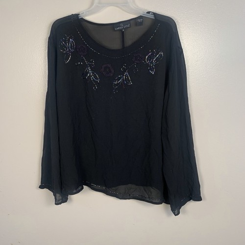 VTG Carole Little 100% Silk Sheer Beaded Blouse Black Sz 16