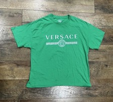 Vintage 90s Versace Logo Graphic Single Stitch Tee Shirt Green XL Bootleg