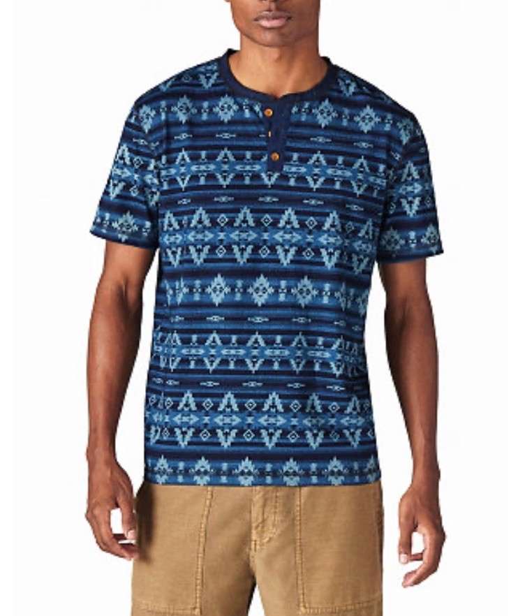 NWT Lucky Brand Mens Aztec Prnt Blue Short Sleeve Jersey Button Shirt Sz 2XL