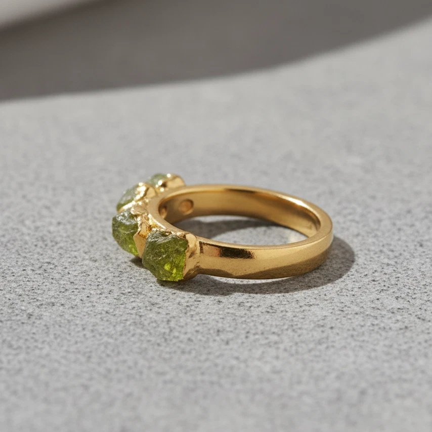 Yellow Gold Raw Peridot Rings Three Stone Rough Ring Natural Raw Crystal Jewelry - Image 2 of 4
