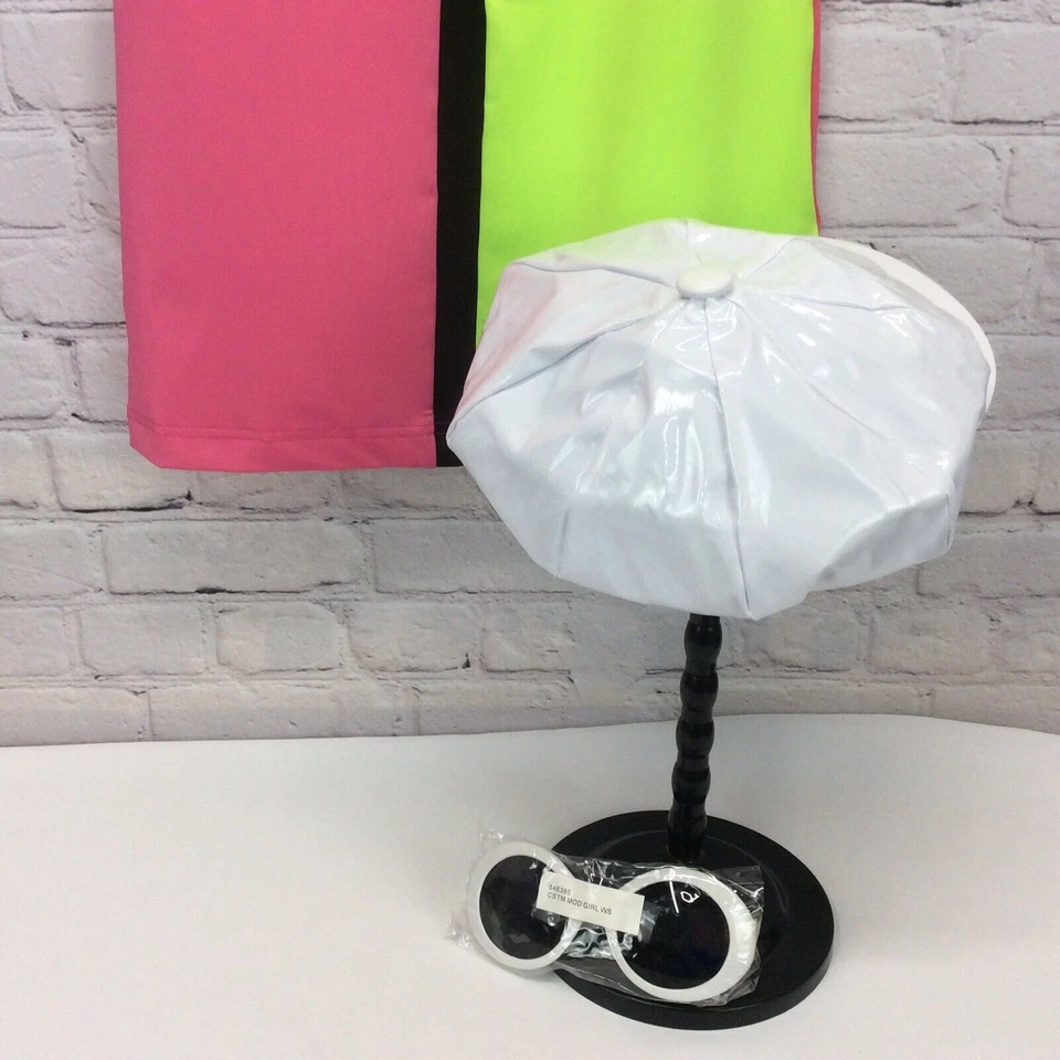 Vestido Disfraz Totally Años 80 Neón con Gorra de Cuero Sintético Blanco y Gafas de Sol Redondas S/M Foto 4 de 4