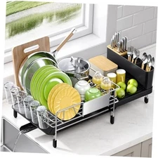 Dish Drying Rack, Expandable Stainless Steel Dish Rack with Drainboard Black