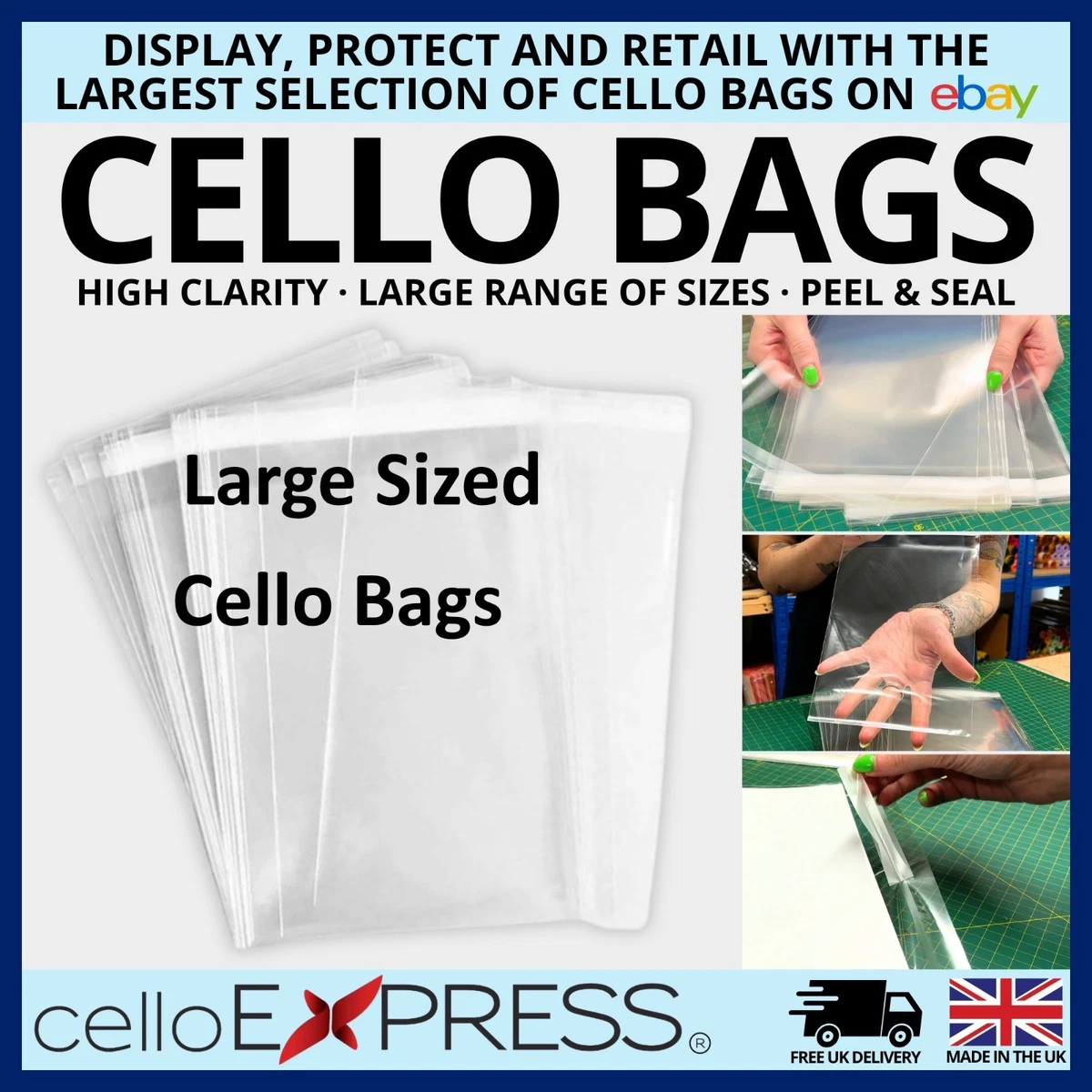 Bolsas para violonchelo de celofán para soportes transparentes de impresiones grandes ✅ tamaño XL auto sellado