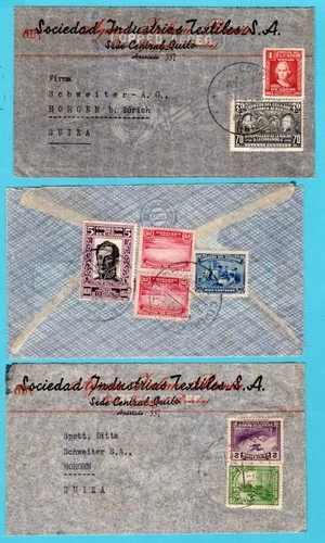 ECUADOR 3 air covers 1937 Quito, Guayaquil to Horgen, Switzerland
