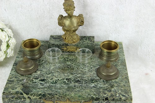 Ancien art nouveau marbre bronze P RIGUEL encrier bureau signé buste femme - Photo 5/9