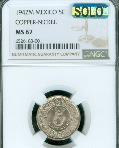 1942 MEXICO 5 CENTAVOS AZTIC SUN STONE NGC MS67 PQ MAC SOLO FINEST GRADE RARE