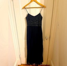 Adrianna Papell Women's Dress - Navy Floor Length Chiffon Beaded Formal Sz 2