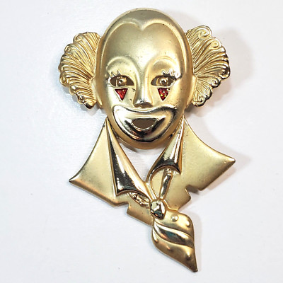 Gold Tone Brushed and Polished Metal Figural Clown Jester Mime Large Brooch Pin