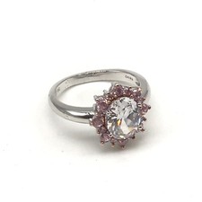 Pink Clear CZ Halo Cubic Zirconia Silver Tone Ladies Band Ring Size 7