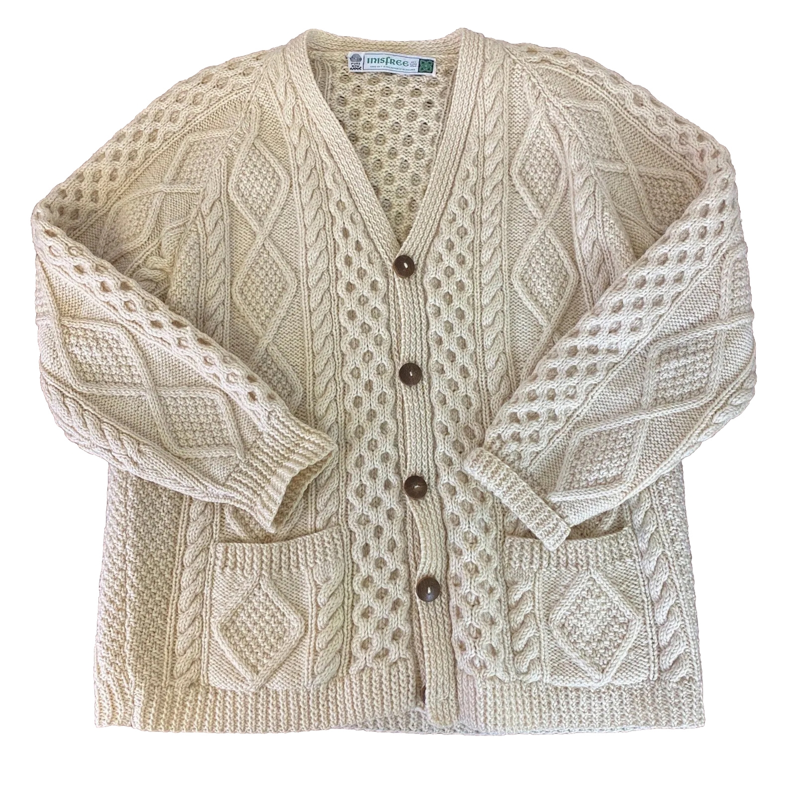 Inisfree Vintage Irish Mens L Wool V Neck Ivory Fishermans Aran Button