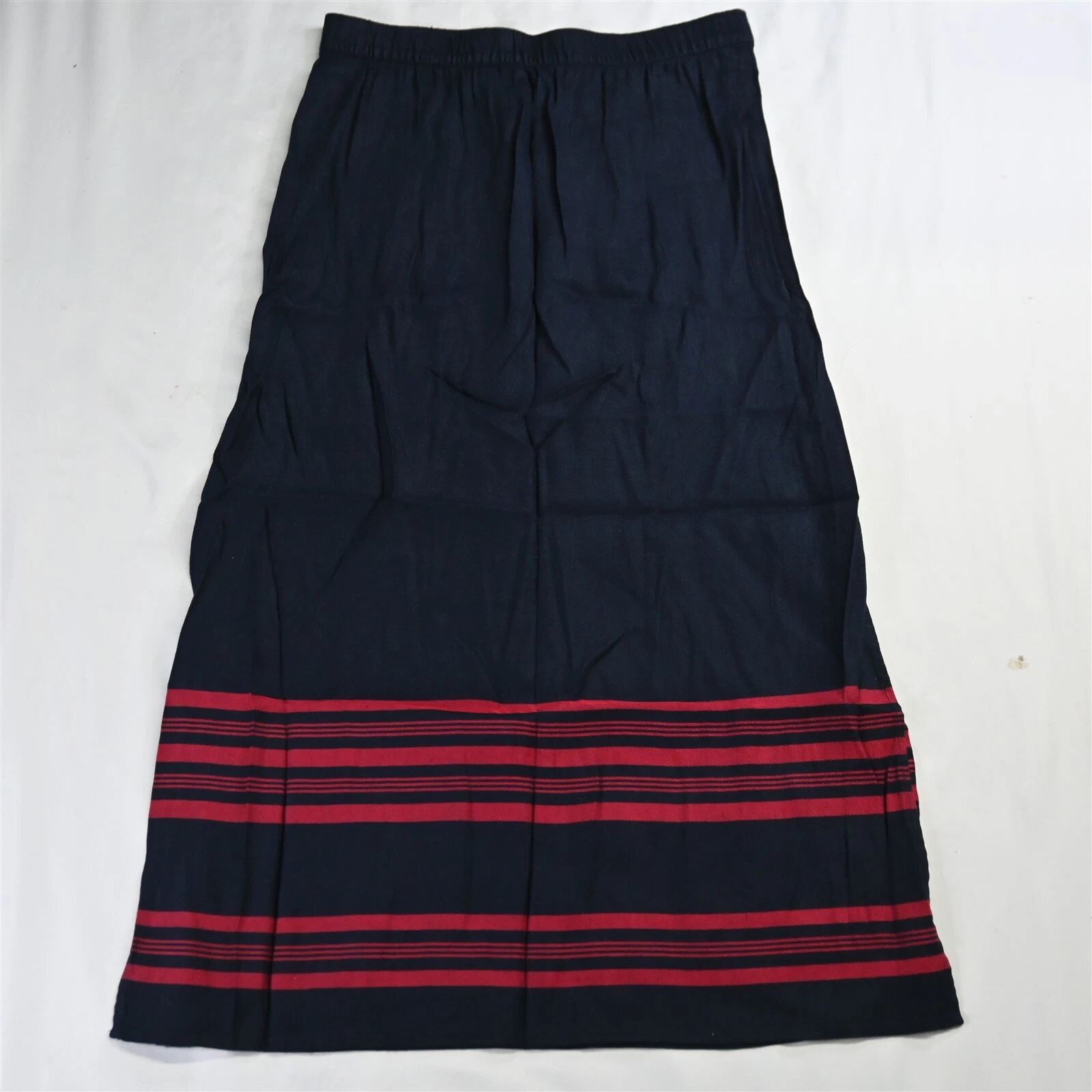 NEW J.Jill Small Navy Blue Red Stripe Linen Pull On Straight Full Length Skirt
