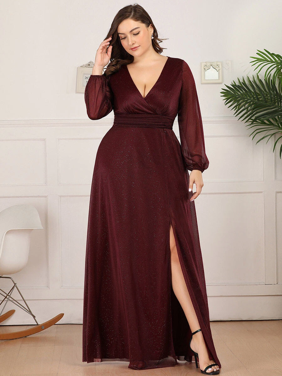 Size Women&#039;s Sexy Sleeve V-Neck Shiny Evening Dress | eBay