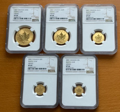 Canada 2001 Gold 1.9 oz Full 5 Coin Set NGC SP66-69 Maple Leaf Viking