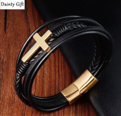 DAINTY Men Women Gold Side Cross Black Genuine Leather Bracelet