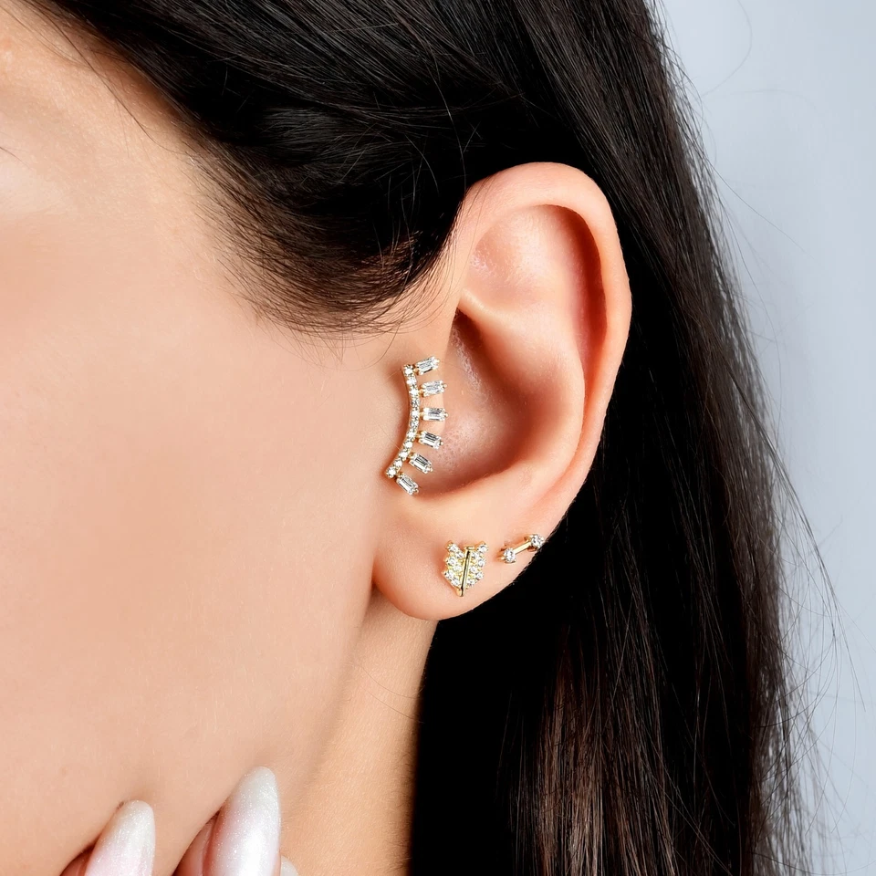 14K Solid Gold Marquise CZ Earring Flatback Stud Tragus Geometric Piercing 18G - Image 2 of 4