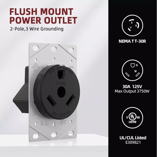 NEMA TT-30R 30A 125V RV Outlet-3-Prong Flush Mount Receptacle,UL Listed,2-Pack - 第 3/6 張圖片