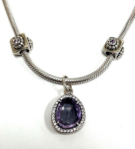 18” Pandora Snake Chain Necklace w/ Amethyst CZ Pendant & 2 Charms 925 SS 41.9g - Picture 2 of 12