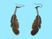 Brass Tone Metal Feather and Rhinestone Pierced Earrings