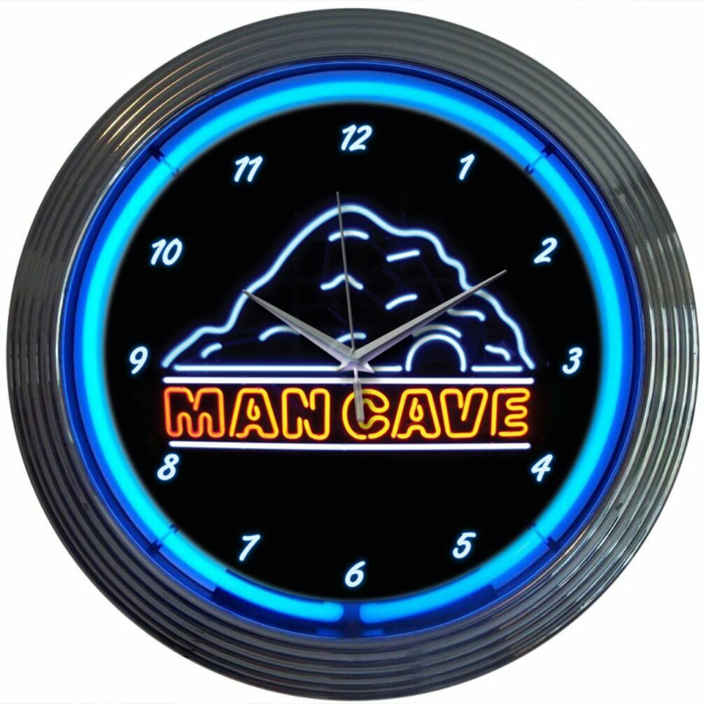 Man Cave Drawing Blue Neon Hanging Wall Clock 15" Diameter 8MANCA