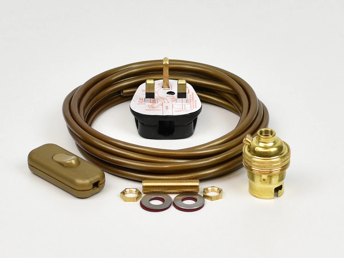 Lamp Wiring Kit Brass Bulb Holder BC B22 Fitting Flex Cable Plug Switch