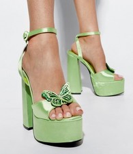 Nasty Gal, TRENDY Green satin butterfly 6" block heel ankle strap platforms SZ 6