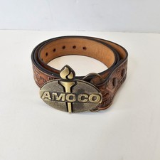 Vintage Amoco Oil Advertising Carved Leather Belt With Adjustable Buckle