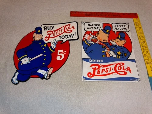 VINTAGE PEPSI COLA COP POLICEMAN 2 SIGN LOT PORCELAIN METAL SODA GASOLINE OIL 💰