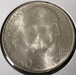 1957 CZECHOSLOVAKIA Jan Ámos Komenský 0.500 Silver 10 Korun Coin .1929 ASW #21