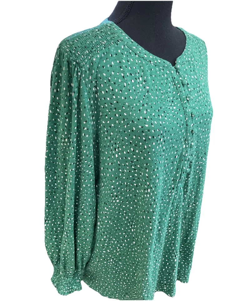 Top J.jill Verde 3/4 Slvs Botones Negro Blanco Lunares XL Elástico En Manga Foto 4 de 4