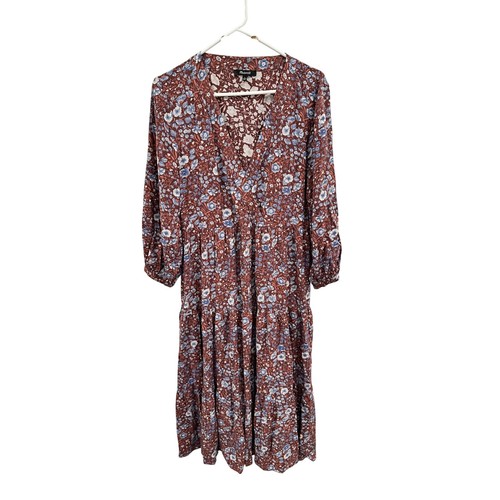 Madewell Floral V-Neck Tiered Midi Dress Brown Blue Small Viscose 3/4 Sleeve