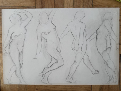 Vintage 1920s Academic Study Dancers Dancing Drawing Woman Female 19 x 12 OOAK