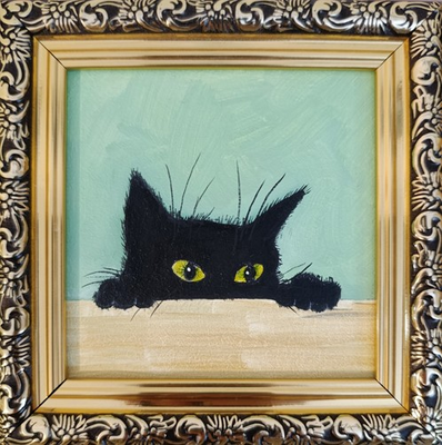 #ad ORIGINAL Oil Painting Black cat Animals Pet Contemporary Wall art Miniature $42.00