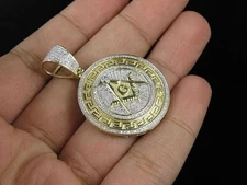 14K Yellow Gold Plated Masonic Medallion Style Pendant 1.65Ct Round Diamond