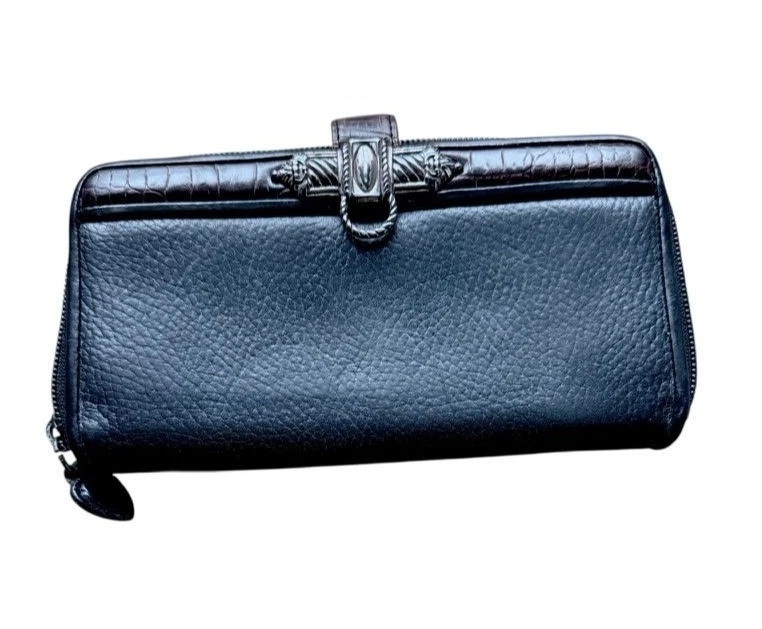 Cartera Brighton de cuero granulado negro/marrón sin usar, en caja, cocodrilo con tono plateado decorativo Foto 2 de 4