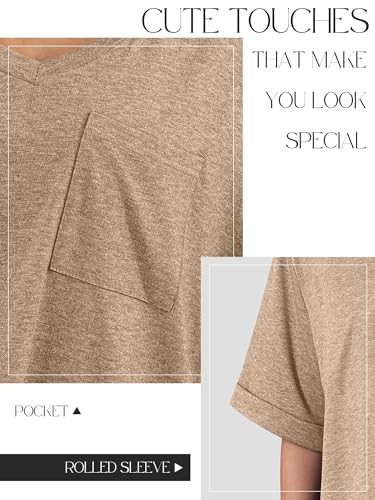 Womens Oversized T Shirts V Neck Rolled Sleeve Pocket Summer Tops Casual Loose