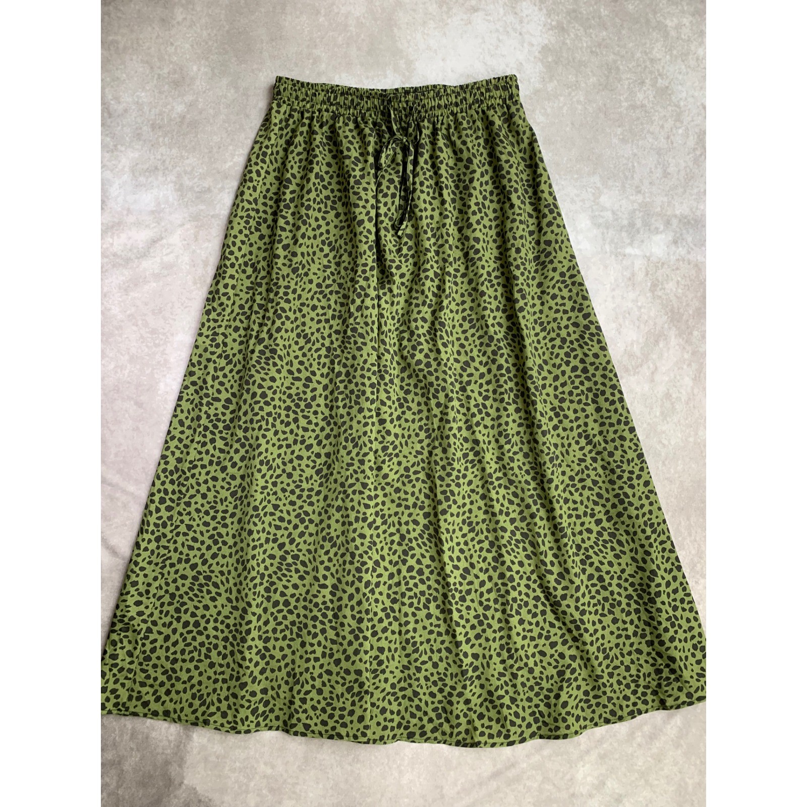 BLUETIME Olive Green Cheetah Animal Print Maxi Skirt XL Elastic Waist NWT