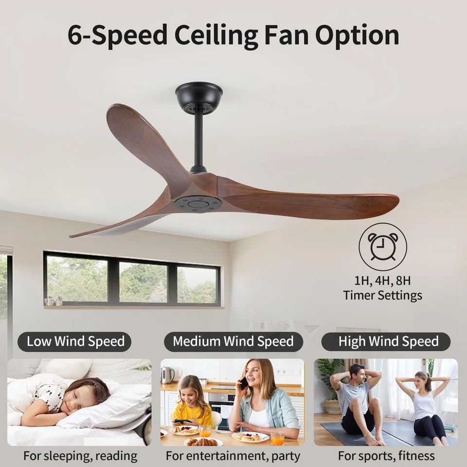 52 Inch Ceiling Fans Without Lights Solid Wood Ceiling Fan with Remote Contro... - Image 4 of 4