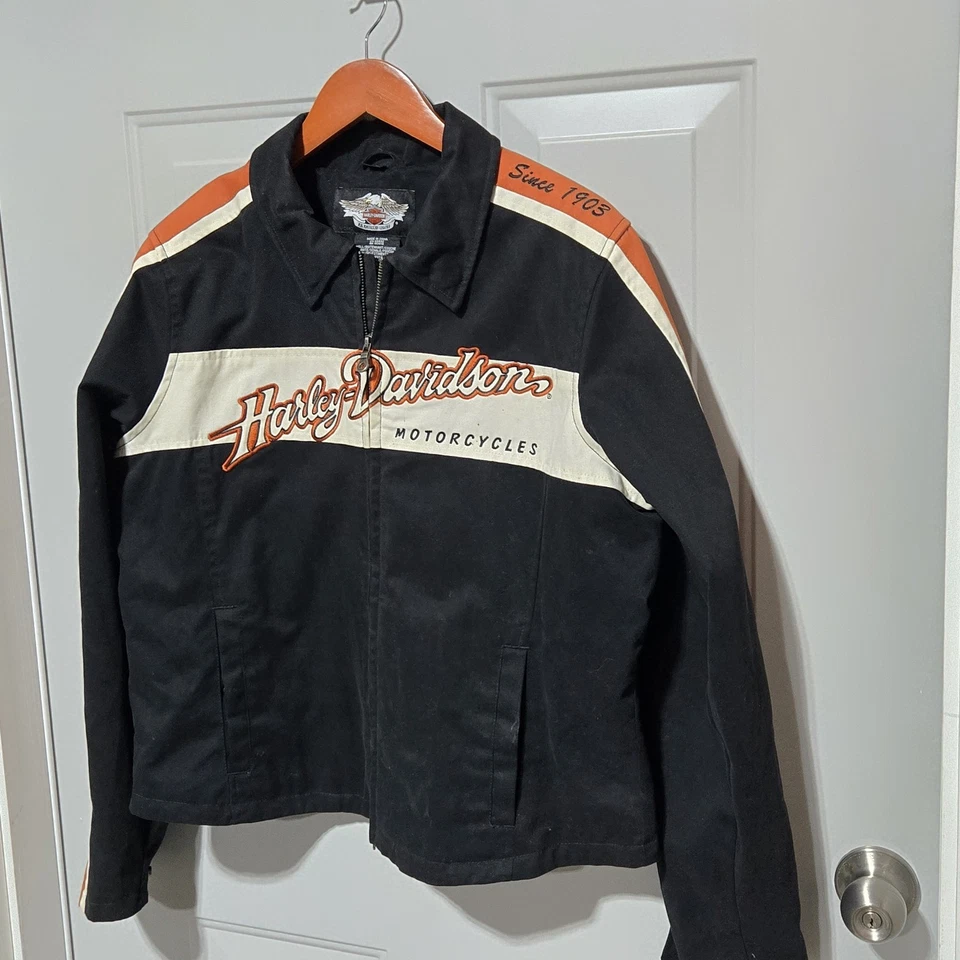 Harley Davidson Black Orange Embroidered Motorcycle Jacket Womens Xlarge - Image 4 of 4