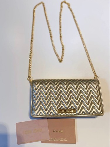 MIU MIU Matelassé Women Gold Lambskin Chain Wallet Used Shoulder Bag Genuine JPN