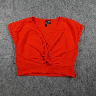 Vero Moda Top Women Extra Small Orange Linen Blend Twist Front Cropped V Neck
