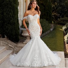 Vintage Off The Shoulder Mermaid Wedding Dress Lace Appliques Train Bridal Gowns