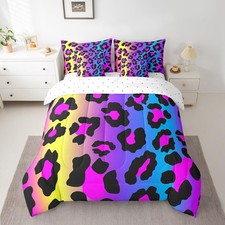 Leopard Print Kids Comforter Set Queen Size, Colorful Cheetah Print Bed Set 7...